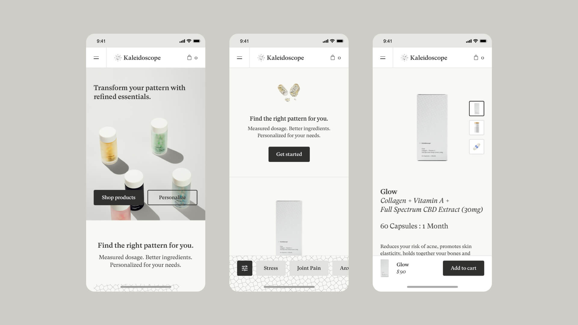 Wireframes for Kaleidoscope Labs, a US-based CBD brand